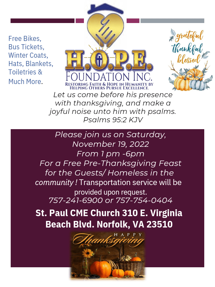 H.O.P.E. Foundation Inc Pre-Thanksgiving Dinner 2022 Norfolk VA